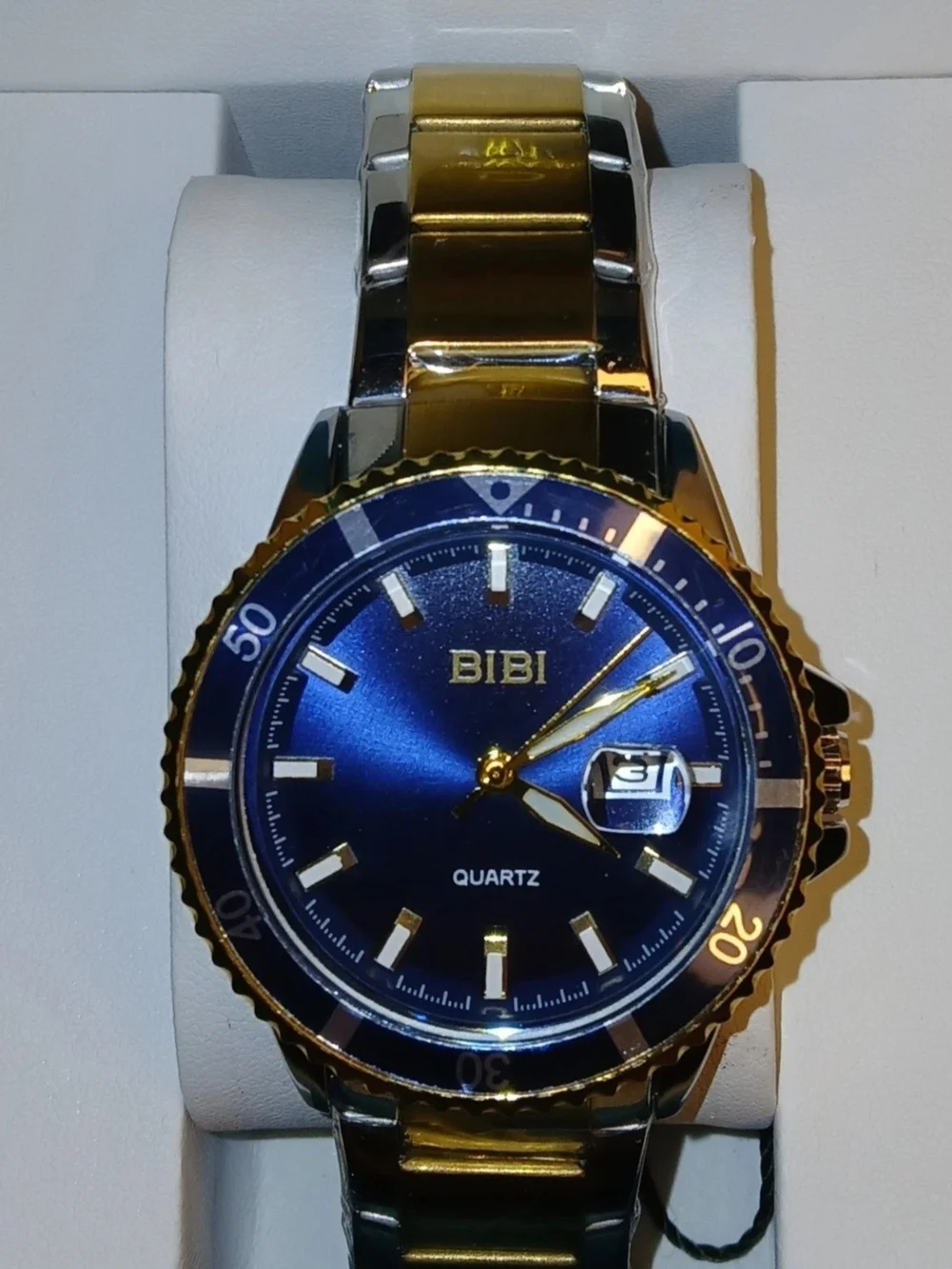 BiBi Quartz Diver Style Date Watch Blue Dial Silver Case Silver Gold Band New